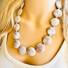 Load image into Gallery viewer, Natural Agate Beaded 1 strand Statement Necklace, Chunky Bib Single Jewelry stone jewelry, gemstone layering gray white pink stone