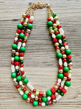 Load image into Gallery viewer, Christmas Sprinkle Necklace, Red white Green Holiday Jewelry, Christmas Jewelry, Red Green Jewelry, Gift pearl Present gold sparkle gemstone