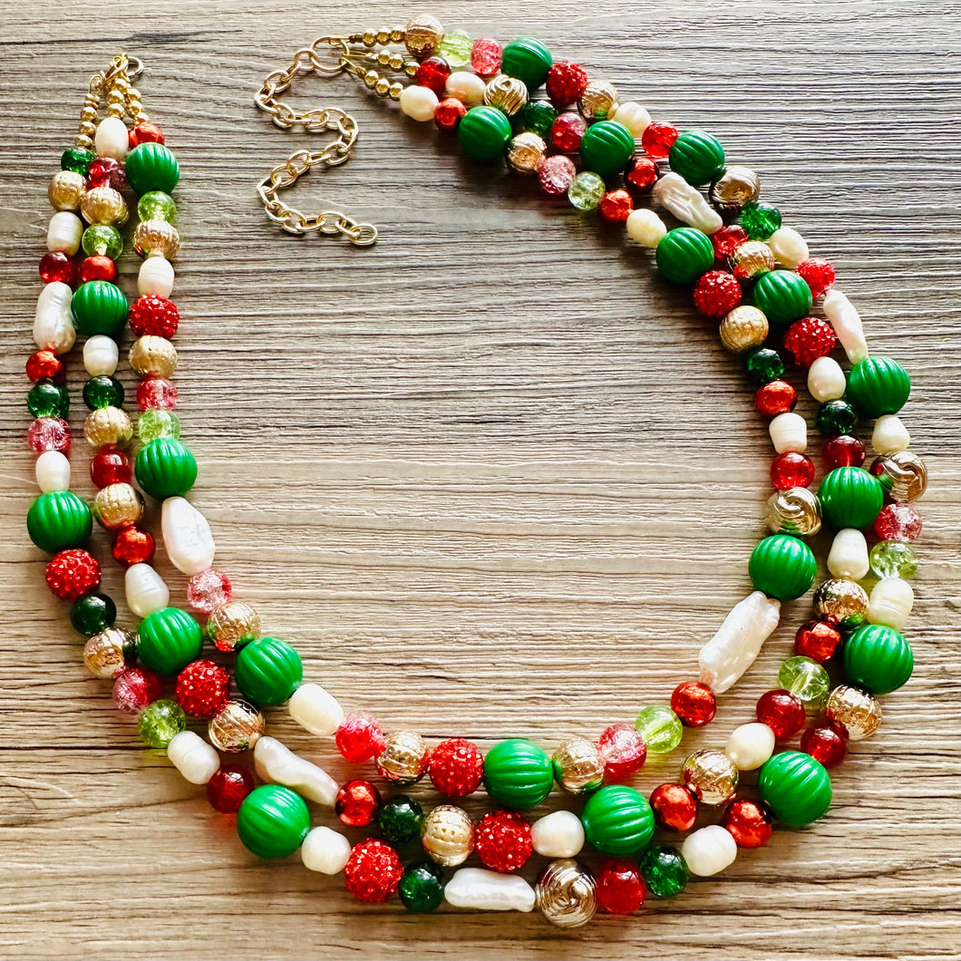 Christmas Sprinkle Necklace, Red white Green Holiday Jewelry, Christmas Jewelry, Red Green Jewelry, Gift pearl Present gold sparkle gemstone