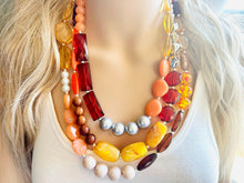 Load image into Gallery viewer, Fall Statement Necklace, Cherry Mustard Silver Necklace, Triple Strand Statement Necklace, fall colors necklace, vintage necklace, chunky