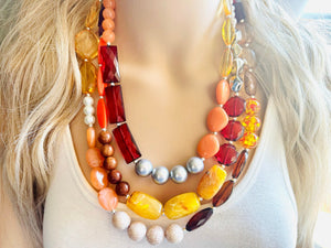 Fall Statement Necklace, Cherry Mustard Silver Necklace, Triple Strand Statement Necklace, fall colors necklace, vintage necklace, chunky