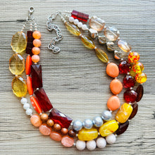 Load image into Gallery viewer, Fall Statement Necklace, Cherry Mustard Silver Necklace, Triple Strand Statement Necklace, fall colors necklace, vintage necklace, chunky