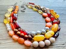 Load image into Gallery viewer, Fall Statement Necklace, Cherry Mustard Silver Necklace, Triple Strand Statement Necklace, fall colors necklace, vintage necklace, chunky