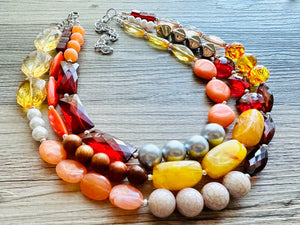 Fall Statement Necklace, Cherry Mustard Silver Necklace, Triple Strand Statement Necklace, fall colors necklace, vintage necklace, chunky