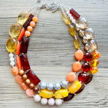 Load image into Gallery viewer, Fall Statement Necklace, Cherry Mustard Silver Necklace, Triple Strand Statement Necklace, fall colors necklace, vintage necklace, chunky