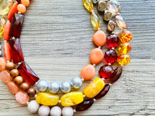 Load image into Gallery viewer, Fall Statement Necklace, Cherry Mustard Silver Necklace, Triple Strand Statement Necklace, fall colors necklace, vintage necklace, chunky
