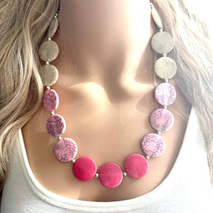 White Blush Magenta Pink Ombre Necklace, Single strand jewelry, big beaded chunky statement, white earrings bead set