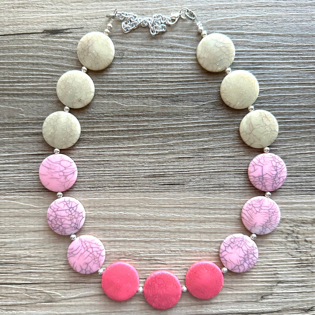 White Blush Magenta Pink Ombre Necklace, Single strand jewelry, big beaded chunky statement, white earrings bead set