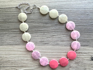 White Blush Magenta Pink Ombre Necklace, Single strand jewelry, big beaded chunky statement, white earrings bead set