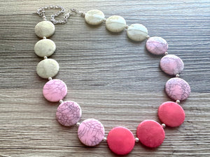 White Blush Magenta Pink Ombre Necklace, Single strand jewelry, big beaded chunky statement, white earrings bead set