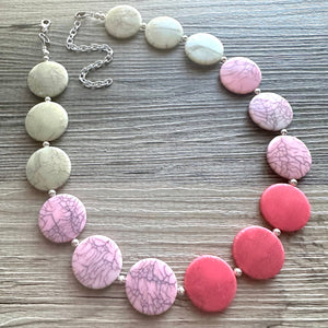 White Blush Magenta Pink Ombre Necklace, Single strand jewelry, big beaded chunky statement, white earrings bead set