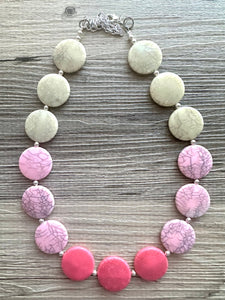 White Blush Magenta Pink Ombre Necklace, Single strand jewelry, big beaded chunky statement, white earrings bead set