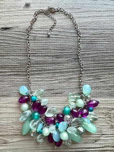 Green & Purple Cluster Necklace, silver and green beaded necklace, holiday jewelry, periwinkle pearl crystal necklace bib statement Necklace