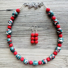 Load image into Gallery viewer, Christmas Painted Necklace, Chunky Single Strand of rhinestone beads, red and green necklace, christmas jewelry, chunky beaded