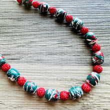 Load image into Gallery viewer, Christmas Painted Necklace, Chunky Single Strand of rhinestone beads, red and green necklace, christmas jewelry, chunky beaded