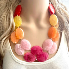 Load image into Gallery viewer, Summer Picnic Statement Necklace, chunky bib beaded jewelry, pink yellow orange necklace, beaded acrylic jewelry neon coral pink