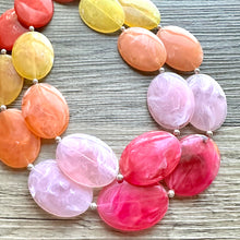 Load image into Gallery viewer, Summer Picnic Statement Necklace, chunky bib beaded jewelry, pink yellow orange necklace, beaded acrylic jewelry neon coral pink