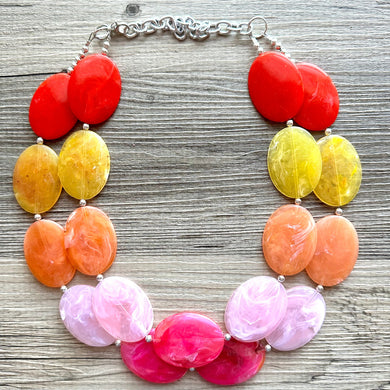 Summer Picnic Statement Necklace, chunky bib beaded jewelry, pink yellow orange necklace, beaded acrylic jewelry neon coral pink