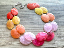 Load image into Gallery viewer, Summer Picnic Statement Necklace, chunky bib beaded jewelry, pink yellow orange necklace, beaded acrylic jewelry neon coral pink