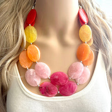 Load image into Gallery viewer, Summer Picnic Statement Necklace, chunky bib beaded jewelry, pink yellow orange necklace, beaded acrylic jewelry neon coral pink