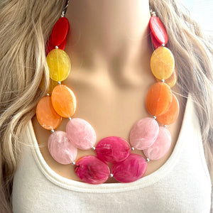 Summer Picnic Statement Necklace, chunky bib beaded jewelry, pink yellow orange necklace, beaded acrylic jewelry neon coral pink
