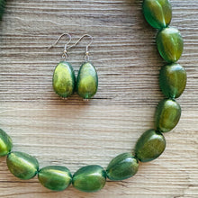 Load image into Gallery viewer, Olive Green Shimmer Single Strand Beaded Statement Necklace, beaded bridesmaid jewelry set layering glitter resin earrings