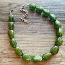 Load image into Gallery viewer, Olive Green Shimmer Single Strand Beaded Statement Necklace, beaded bridesmaid jewelry set layering glitter resin earrings