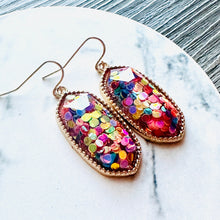 Load image into Gallery viewer, Rainbow Confetti in Resin drop Earrings, Gold drop Earrings, shiny jewelry earrings metal geometric sparkle pride glitter holiday