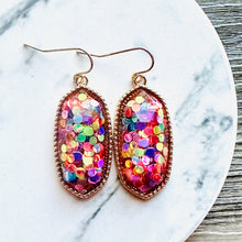 Load image into Gallery viewer, Rainbow Confetti in Resin drop Earrings, Gold drop Earrings, shiny jewelry earrings metal geometric sparkle pride glitter holiday