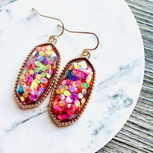 Load image into Gallery viewer, Rainbow Confetti in Resin drop Earrings, Gold drop Earrings, shiny jewelry earrings metal geometric sparkle pride glitter holiday