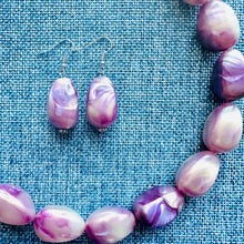 Load image into Gallery viewer, Plums in Cream Shimmer Single Strand Beaded Statement Necklace beaded bridesmaid jewelry set layering glitter resin earrings purple lavender