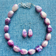 Load image into Gallery viewer, Plums in Cream Shimmer Single Strand Beaded Statement Necklace beaded bridesmaid jewelry set layering glitter resin earrings purple lavender