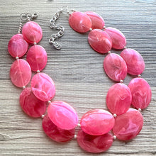 Load image into Gallery viewer, Big Bead pink Necklace, 2 Strand Statement Jewelry, magenta pink Chunky bib bridesmaid, hot pink jewelry, dark pink necklace earring set