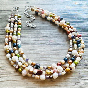 Neutral Rainbiw Champagne Pearl Necklace, Chunky Statement Jewelry, Bib Pearl 4 strand Bubble Beaded Jewelry, bridesmaid wedding earring set