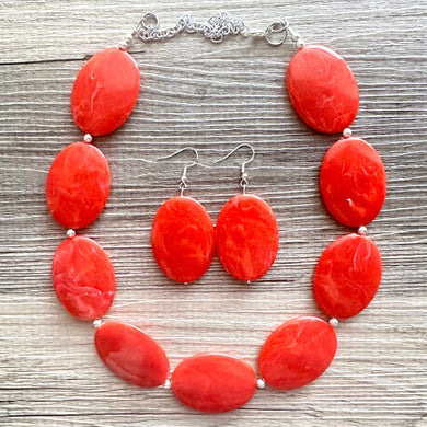 Electric Orange Swirl Single Strand Big Beaded Statement Necklace, orange Jewelry beaded necklace, red bridesmaid necklace jewelry silver