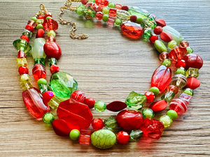 Christmas Necklace, Red Green and Gold Holiday Jewelry, Christmas Jewelry, Red Green Beaded Christmas Gift December Present mom gift