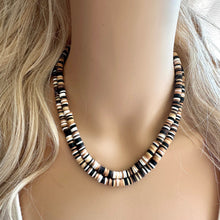 Load image into Gallery viewer, Chocolate Chip Cookie Dough Heishi Beaded Necklace, Colorful Jewelry, Chunky statement beaded black white color block rainbow brown