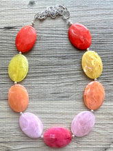 Load image into Gallery viewer, Sangria Swirl Single Strand Big Beaded Statement Necklace, orange Jewelry beaded necklace, pink yellow bridesmaid necklace jewelry silver