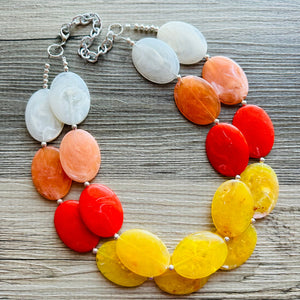 Fall Sunset Statement Necklace, Chunky 2 Strand Jewelry, orange necklace champagne red necklace, red tan cream bib beaded necklace
