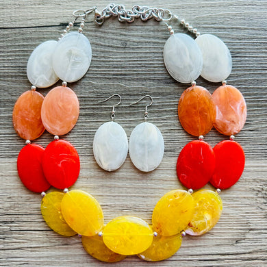 Fall Sunset Statement Necklace, Chunky 2 Strand Jewelry, orange necklace champagne red necklace, red tan cream bib beaded necklace