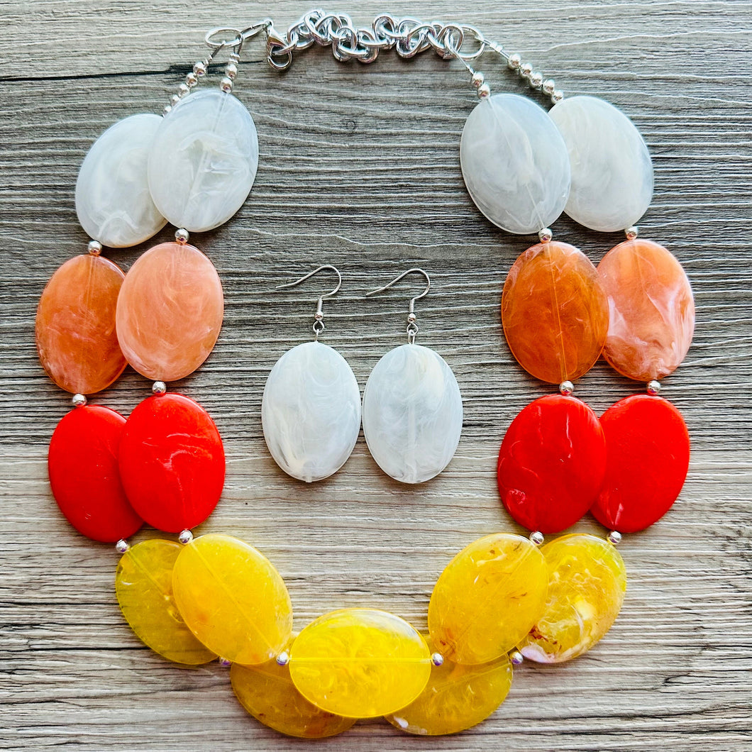 Fall Sunset Statement Necklace, Chunky 2 Strand Jewelry, orange necklace champagne red necklace, red tan cream bib beaded necklace