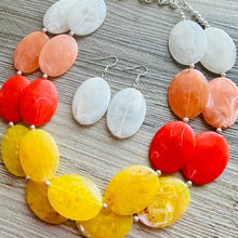 Load image into Gallery viewer, Fall Sunset Statement Necklace, Chunky 2 Strand Jewelry, orange necklace champagne red necklace, red tan cream bib beaded necklace