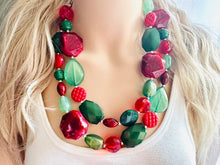 Load image into Gallery viewer, Christmas Necklace, Red Green Holiday Jewelry, Christmas Jewelry, Gold Jewelry, Beaded Gift winter stocking stuffer dressy dress Present