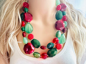 Christmas Necklace, Red Green Holiday Jewelry, Christmas Jewelry, Gold Jewelry, Beaded Gift winter stocking stuffer dressy dress Present