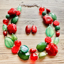 Load image into Gallery viewer, Christmas Necklace, Red Green Holiday Jewelry, Christmas Jewelry, Gold Jewelry, Beaded Gift winter stocking stuffer dressy dress Present