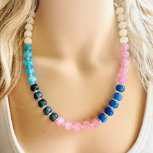 Load image into Gallery viewer, Tropical Shimmer Single Strand Beaded Statement Necklace, turquoise beaded blue bridesmaid jewelry layering glitter pink resin white black