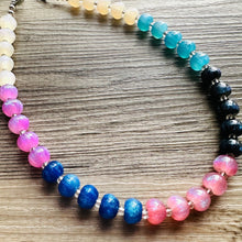 Load image into Gallery viewer, Tropical Shimmer Single Strand Beaded Statement Necklace, turquoise beaded blue bridesmaid jewelry layering glitter pink resin white black