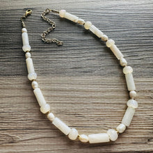 Load image into Gallery viewer, Cream Shimmer Single Strand Beaded Statement Necklace, pearl beaded bridesmaid jewelry layering resin gold off white, eggshell bead thin