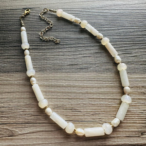 Cream Shimmer Single Strand Beaded Statement Necklace, pearl beaded bridesmaid jewelry layering resin gold off white, eggshell bead thin