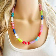 Load image into Gallery viewer, Tropical Candy Shimmer Single Strand Beaded Statement Necklace, turquoise beaded blue bridesmaid jewelry layering glitter pink resin white